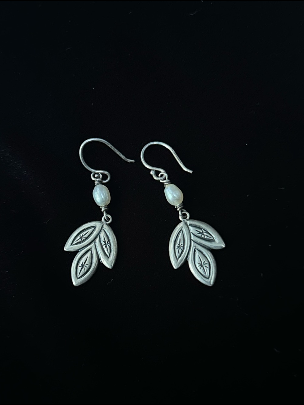 Silpada Sterling Silver Pearl Etched Leaf Drop Earrings